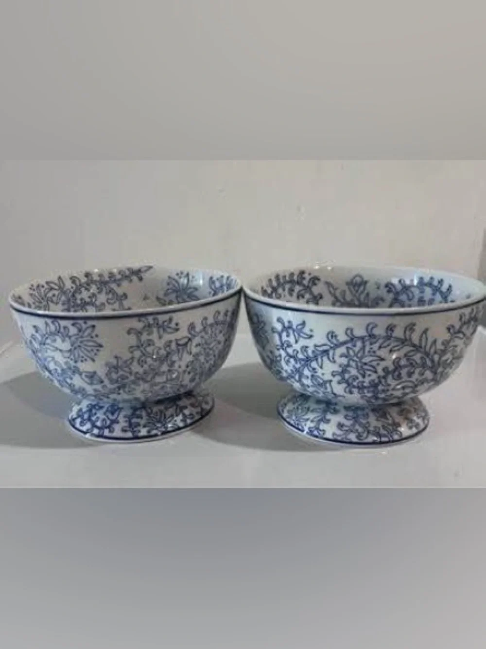 Pottery Barn Indigo Pedestal Bowls Blue White Set of 2